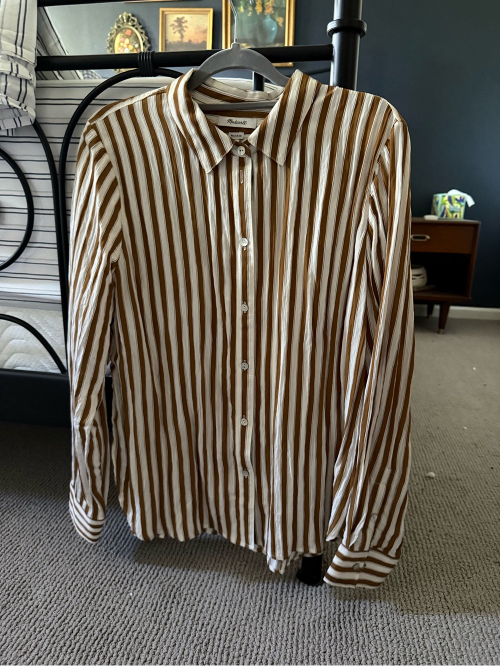 Madewell Women's Brown and White Vertical Stripe Button-Down Shirt